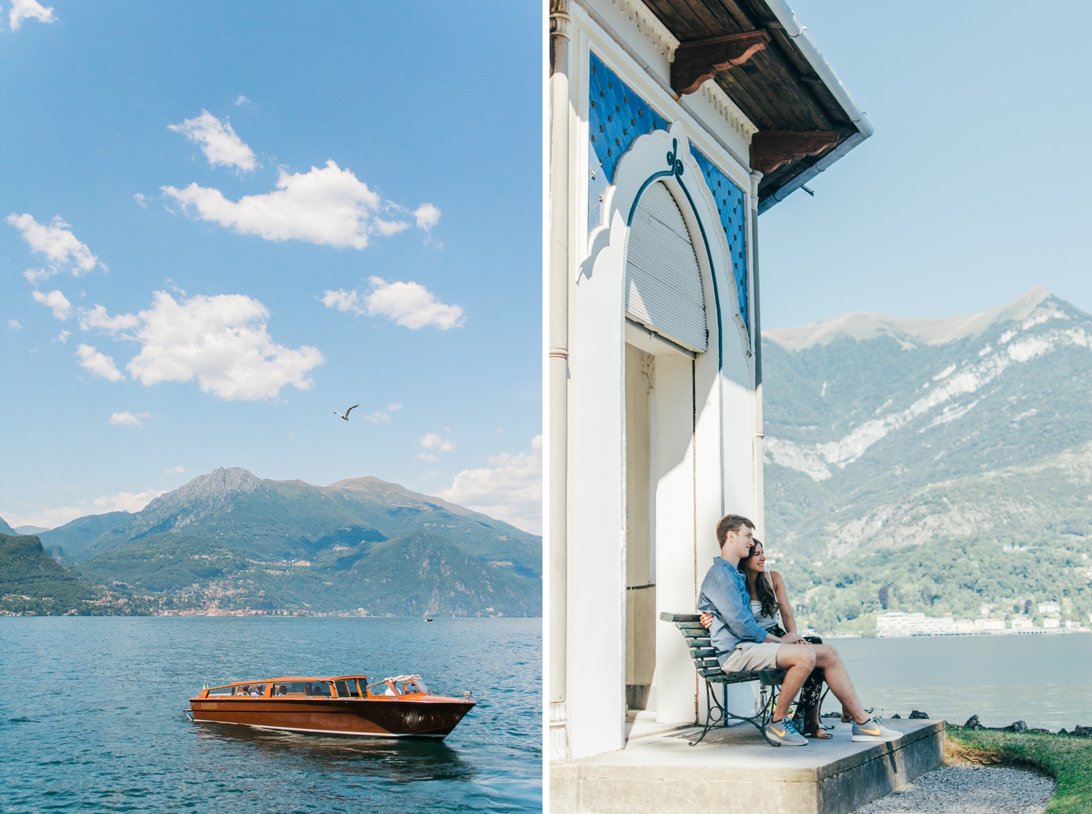 Boat in Lake Como and couple on bench
