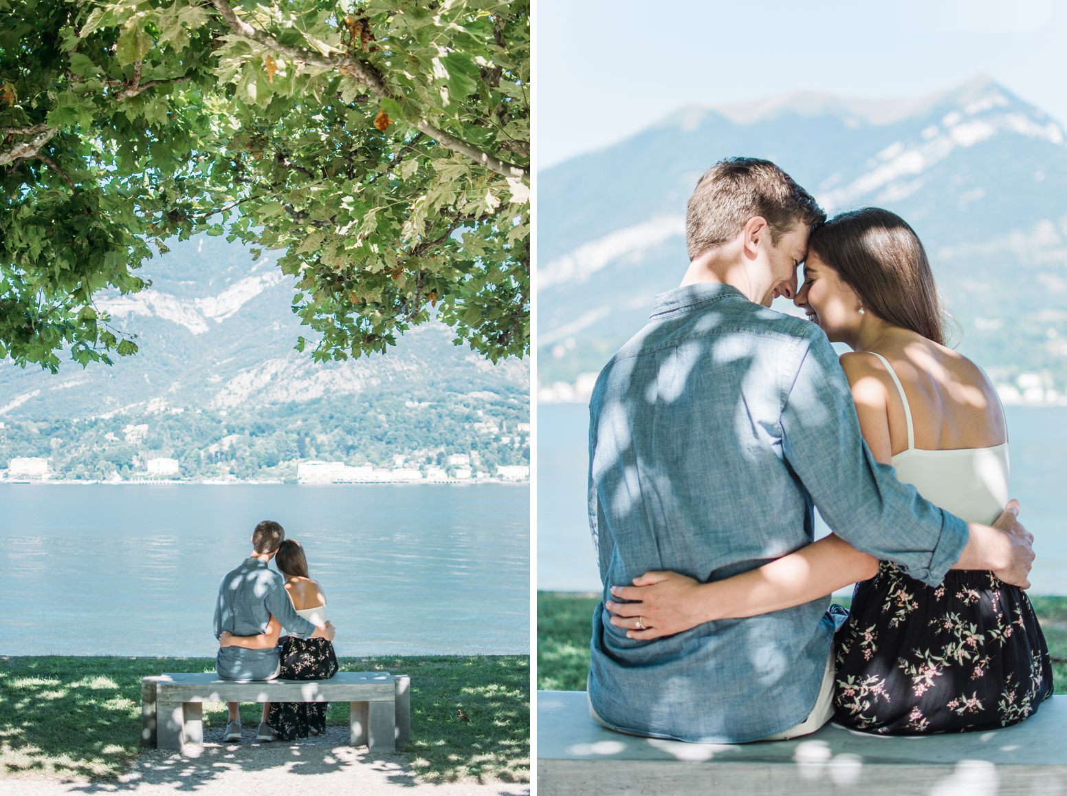 Couple smiling under tree in Lake Como