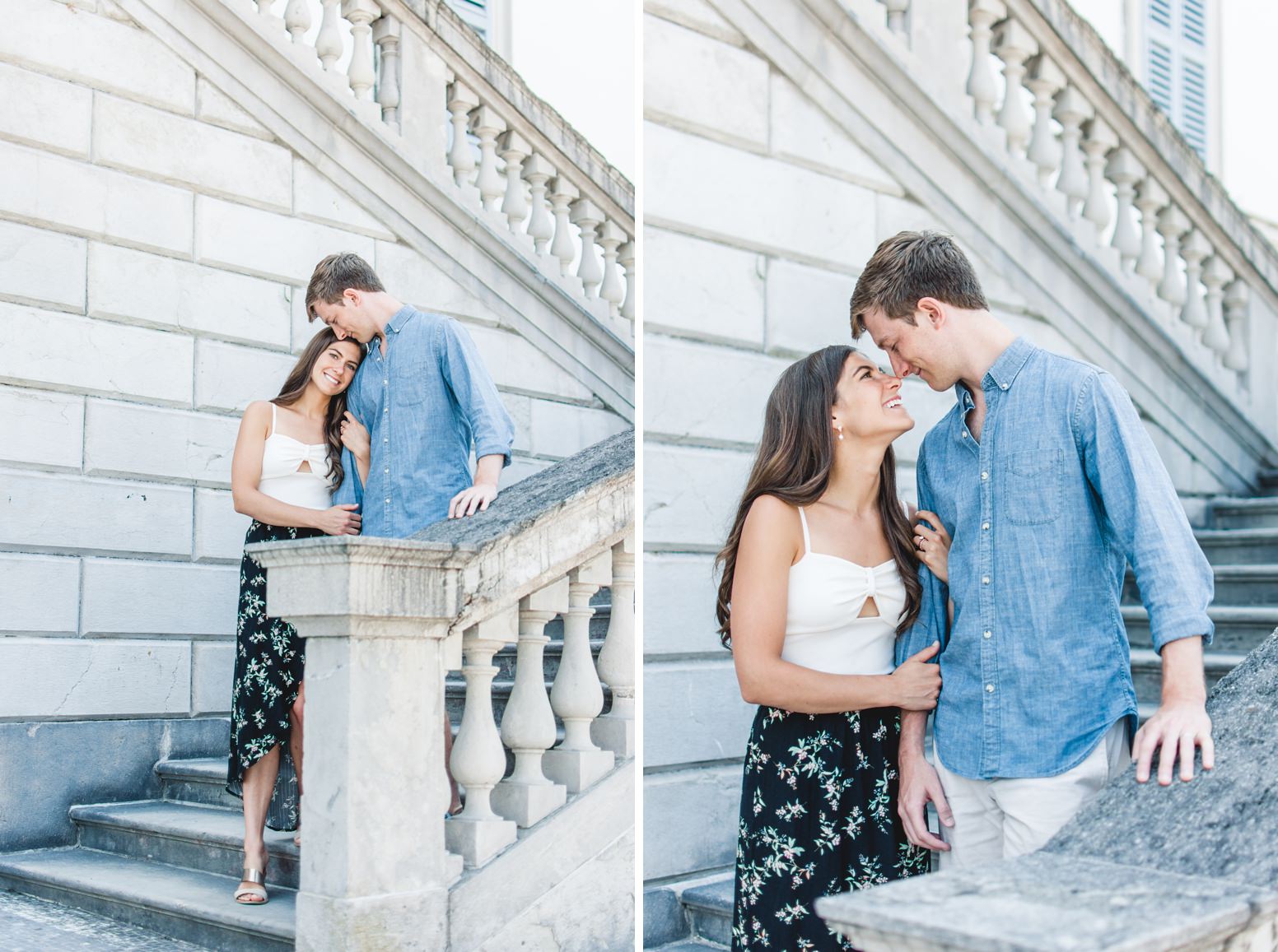 Couple portraits on stairs at Lake Como