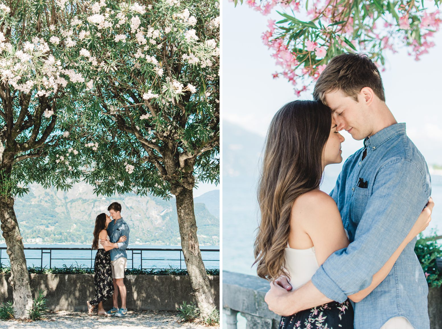 Couple portraits in front of blooming tree at Lake Como