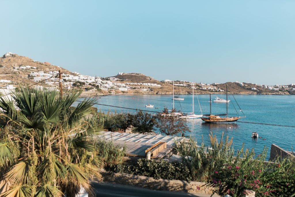 Mykonos seaside view with boats and palm trees