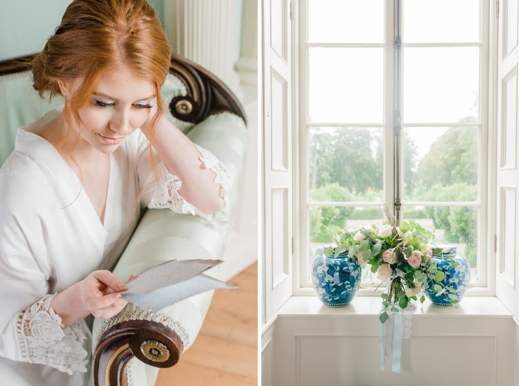 bride reading her vows at Gloster house and vase of flowers on the window