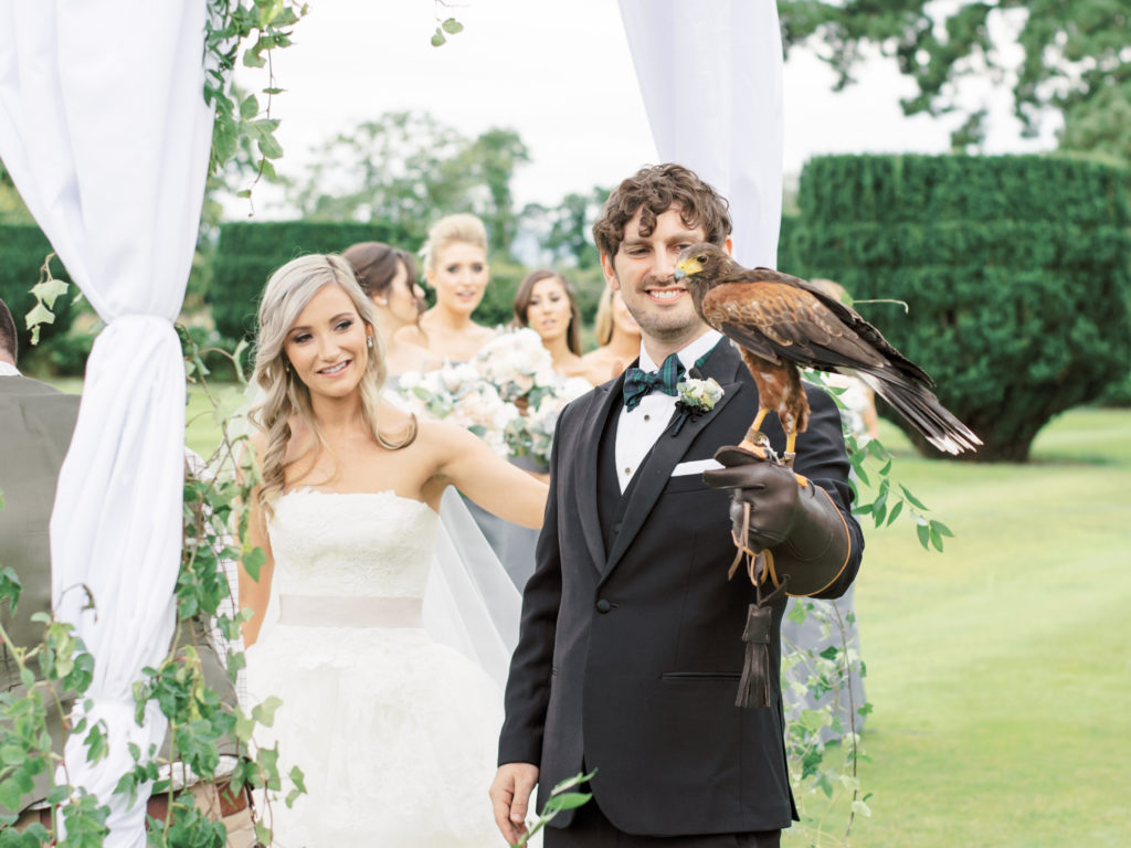 Bride and Groom outdoor ceremony with falcon at Luttrelstown Castle.