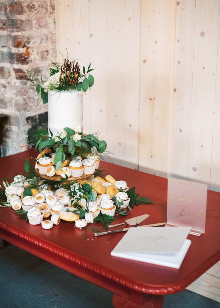 Wedding cake and Guest Book at Grain Store restaurant