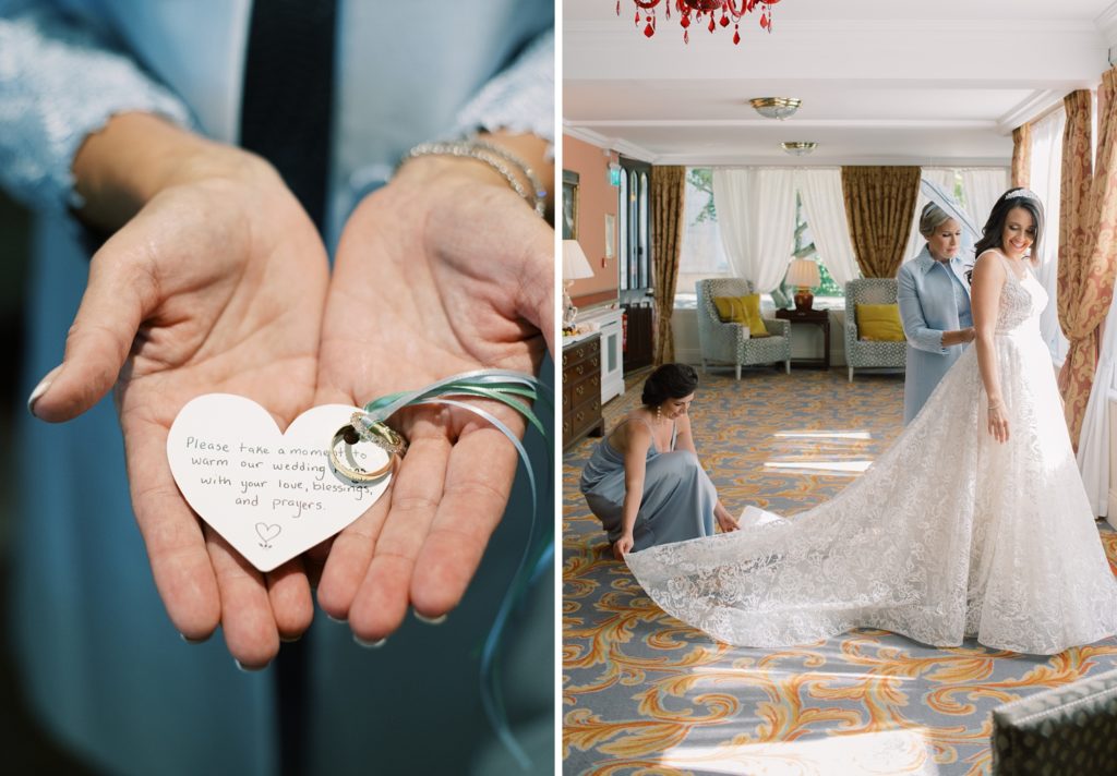 Bride is ready in her wedding dress and her mother holds a love message in her palms.