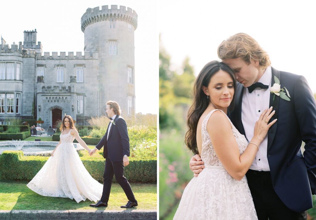 Epic newlywed portraits, walking together in front of Dromoland Castle Hotel, Ireland.