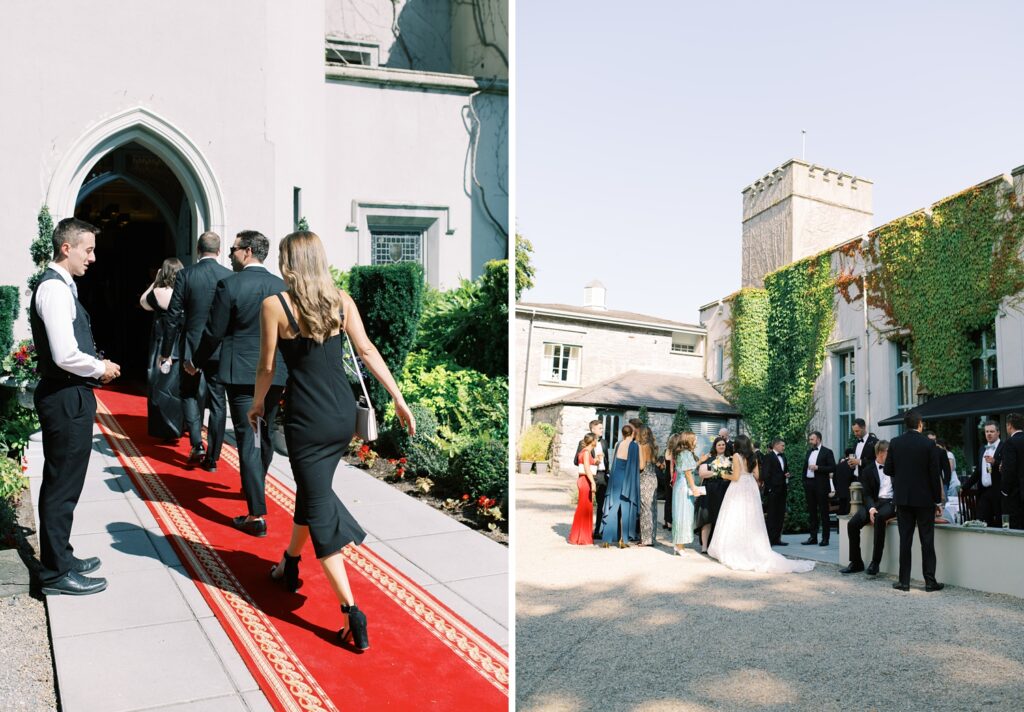 Guests served drinks as they arrive at Dromoland Castle Hotel after wedding ceremony.