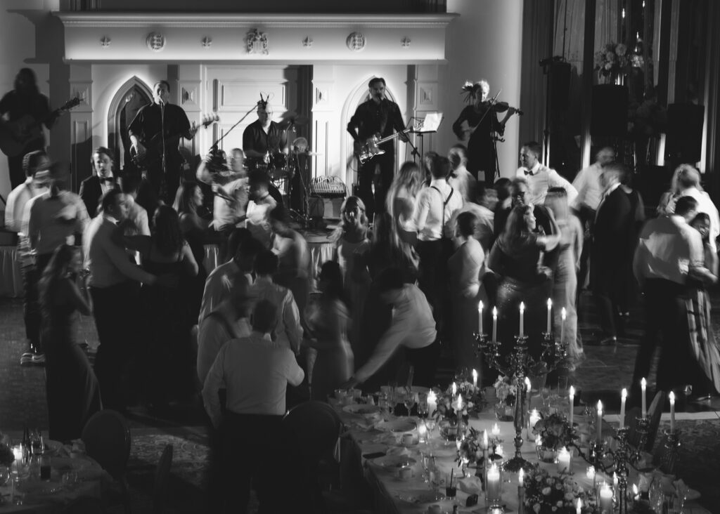 Everyone dancing to the wedding band in Dromoland Castle Hotel.