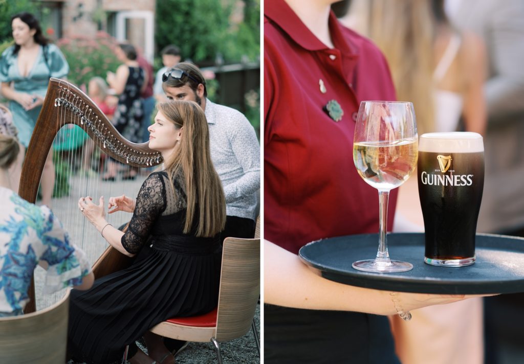 Harpist and waitress with Guinness glass spotted at Dromoland Castle wedding rehearsal dinner.