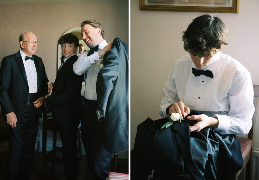 Groomsmen having fun and putting on their jackets before the wedding at The Inn at Dromoland.