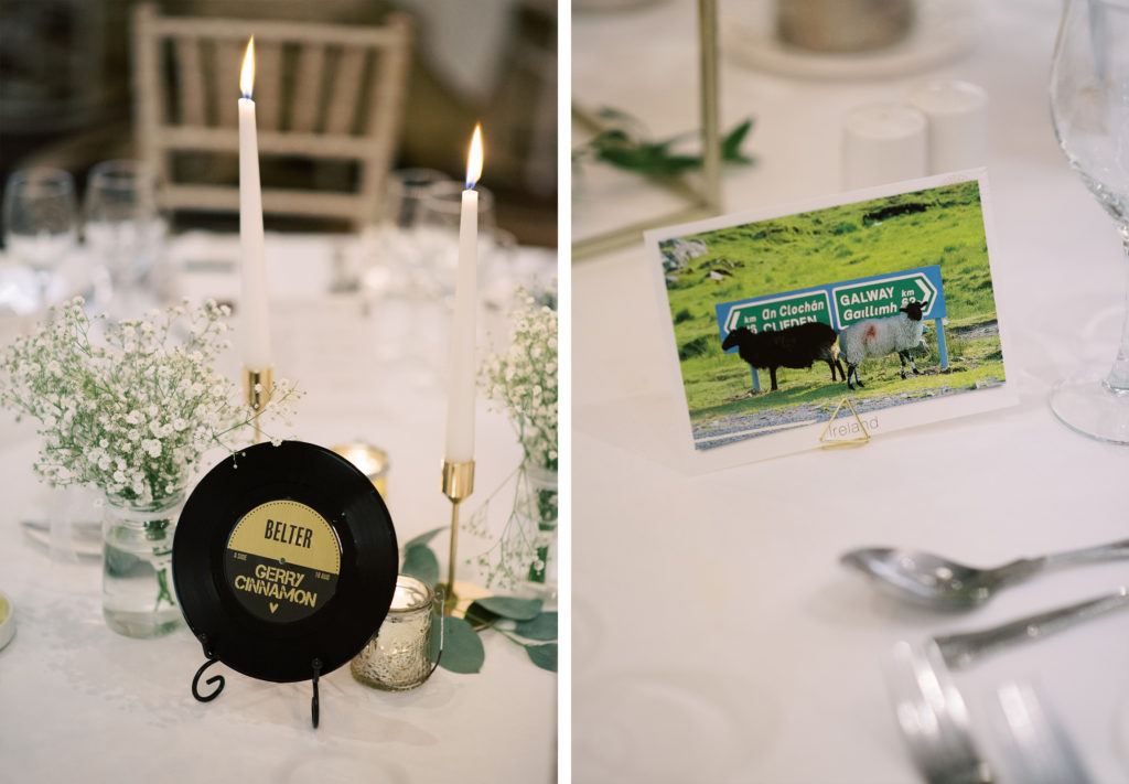 Personalised wedding details; mini-records and handwritten postcards from Ireland.