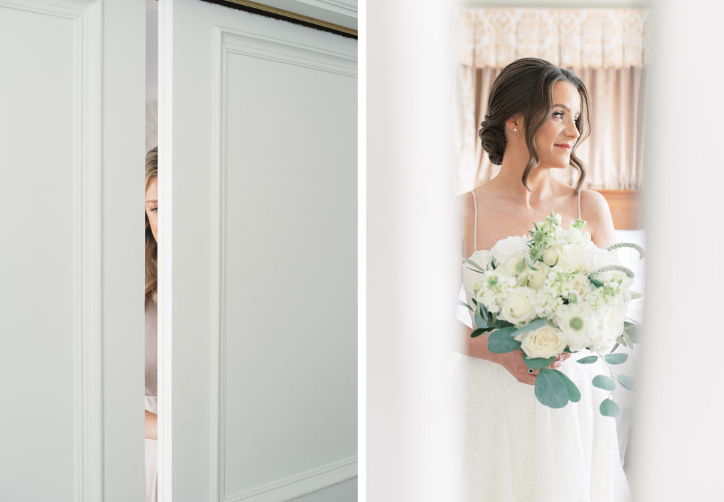 Candid moment of bridesmaid peeking through door, with bride Jenny in dress before wedding.
