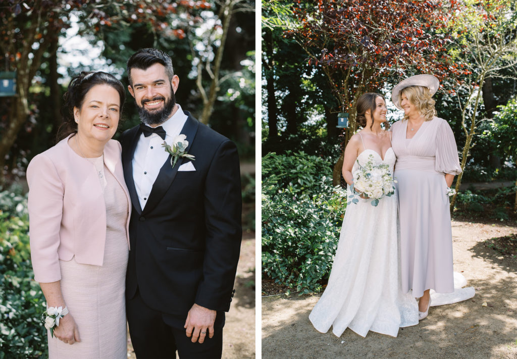 Bride and Groom portraits with mothers, in the Ardilaun Hotel's Garden.