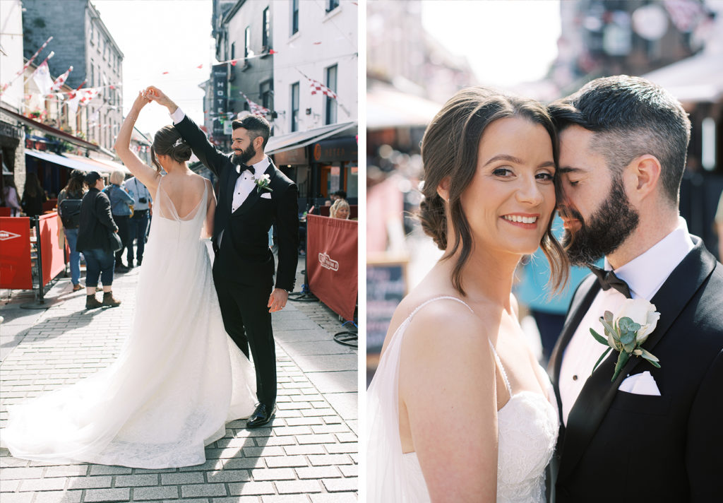 Bride and Groom twirl and pose together in Quay Street, Galway City.