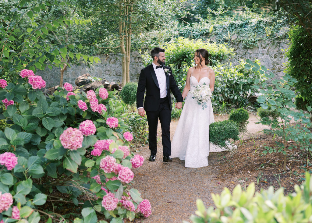 Ireland wedding photography, newlywed couple in the Ardilaun Hotel's garden.
