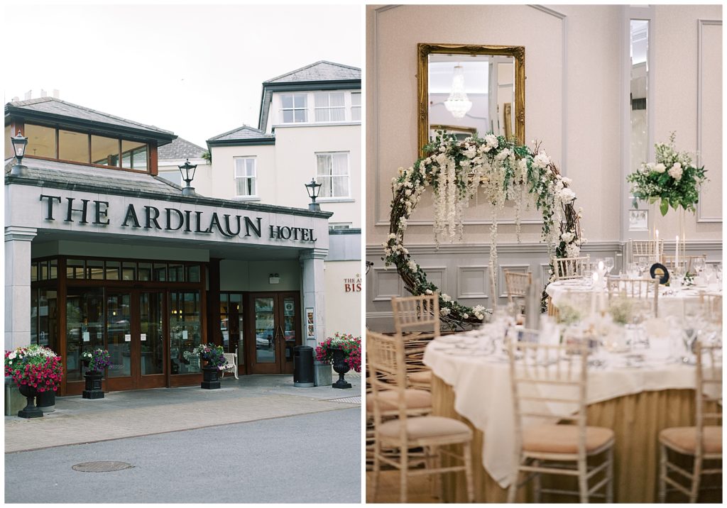 Galway's Ardilaun Hotel and ballroom with floral decorations.