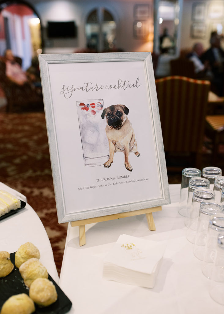 Signature wedding cocktail featuring their pet Pug, Ronnie.