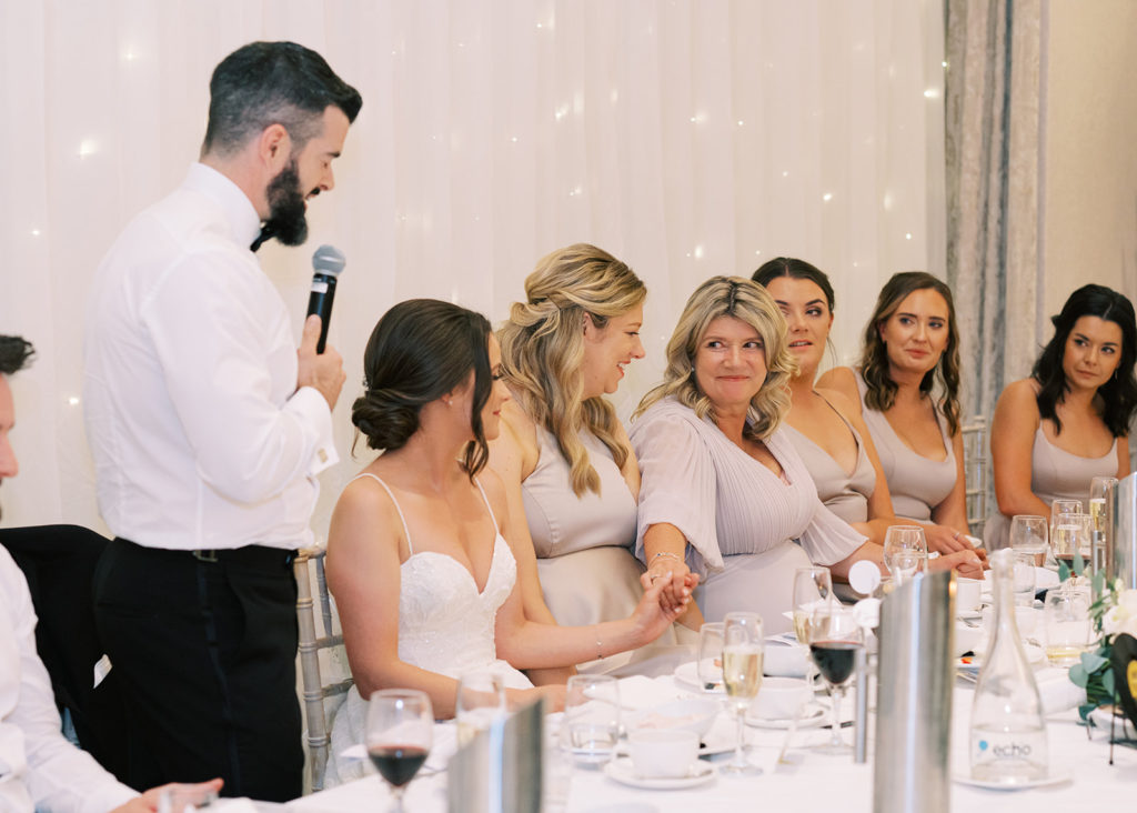 Emotional speeches with mother of bride and bridesmaids.