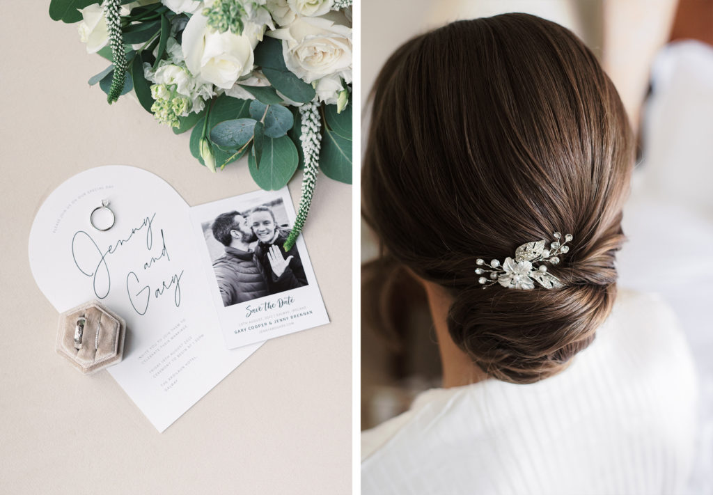 Galway wedding invitation and bride's hair detail.