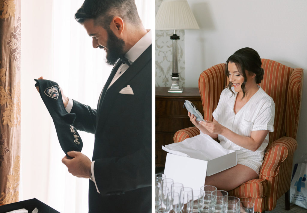 Bride and groom opening gifts with delight on morning of their wedding.