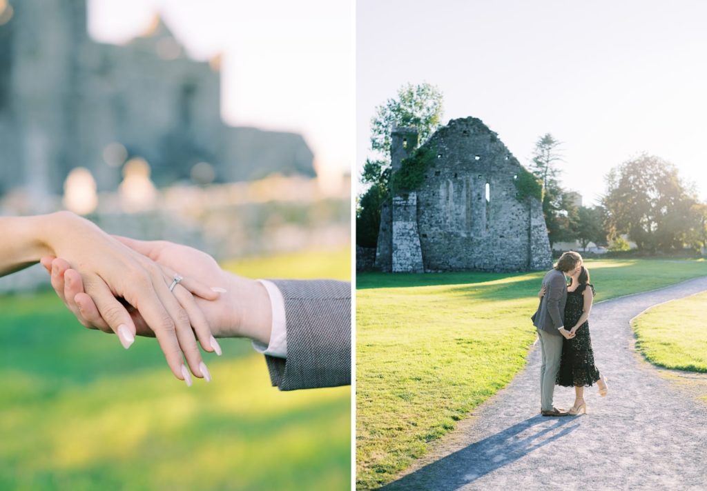 Americans Mairead and George get engaged in sunset at Quin Abbey in County Clare, Ireland.