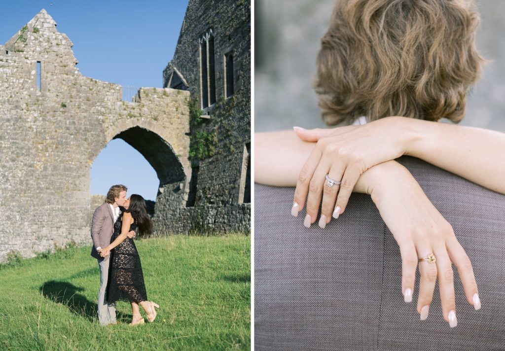 American couple share a kiss at their engagement photoshoot in front of Quin Abbey, Ireland.