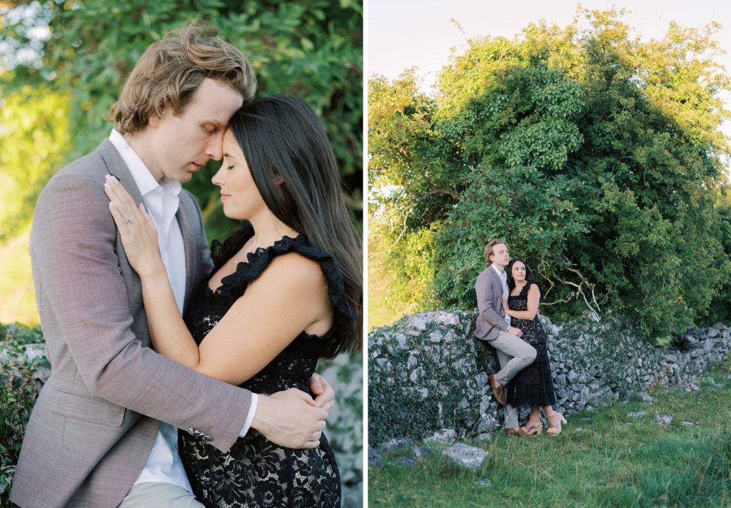 Engagement photoshoot, couple share a moment together at golden hour in Irish countryside.