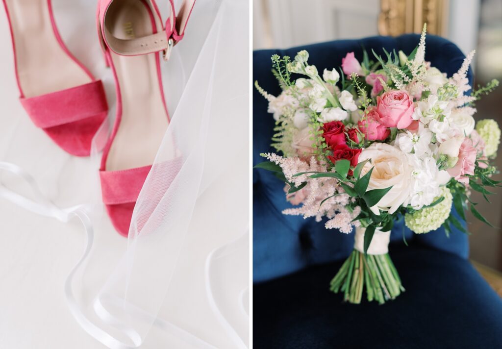 Details of the bride's shoes and bouquet on the morning of her summer wedding day.