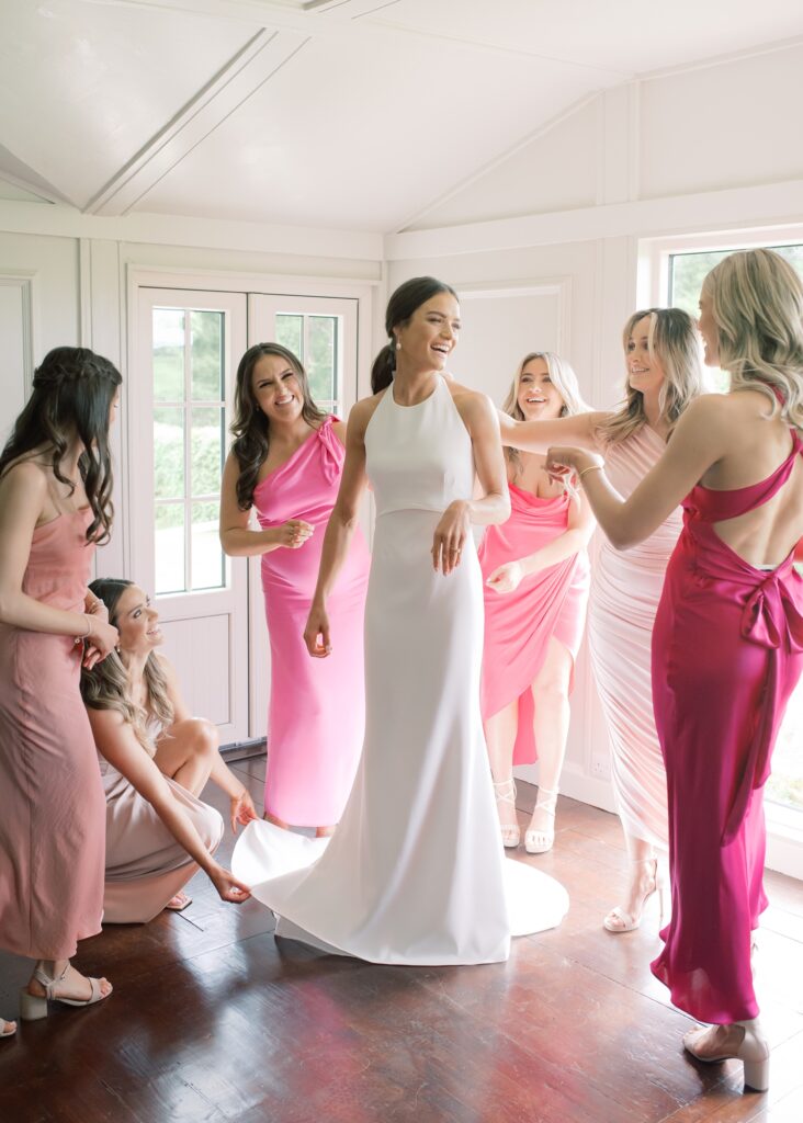 Bride Sinead is finally dressed up and surrounded by her bridesmaids in their cottage.