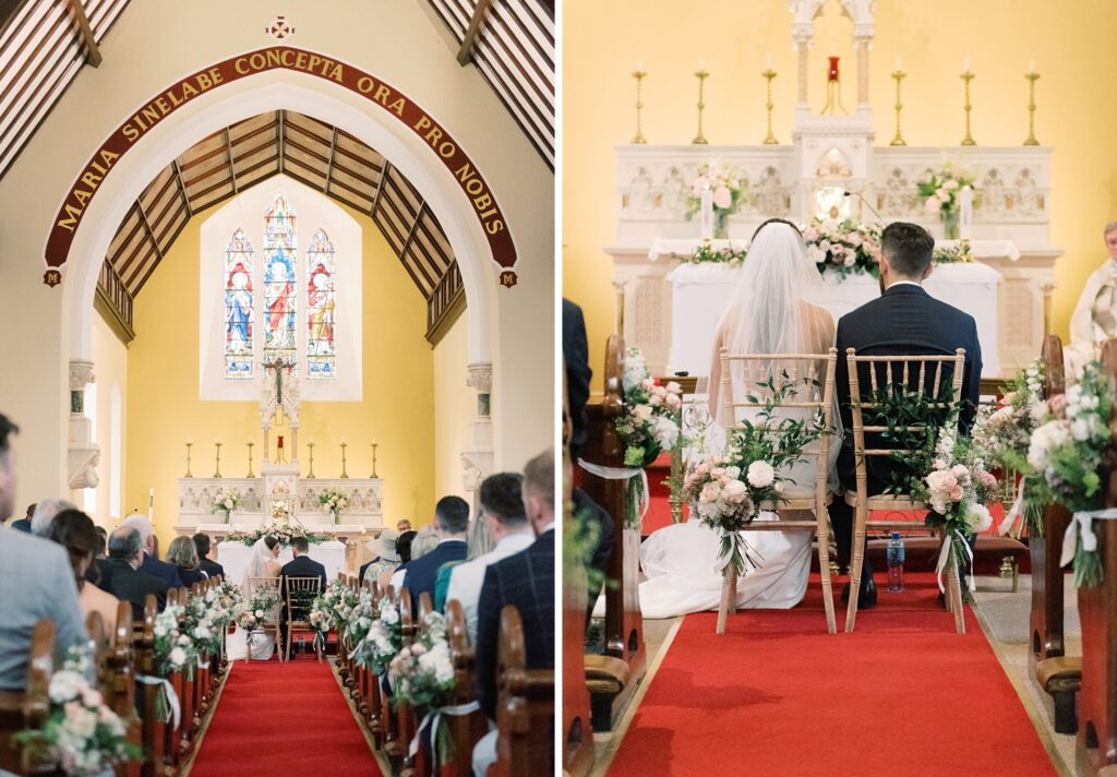 Summer wedding ceremony in church, with the bride and groom seated side by side.