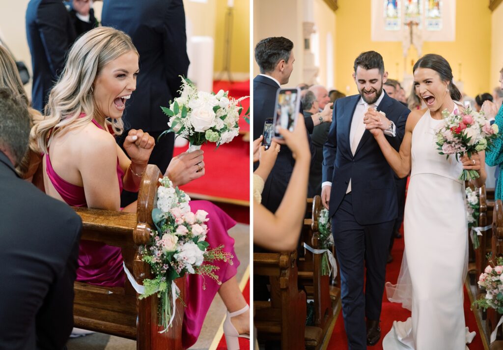 Husband and wife are cheered on down the aisle after their church wedding ceremony.