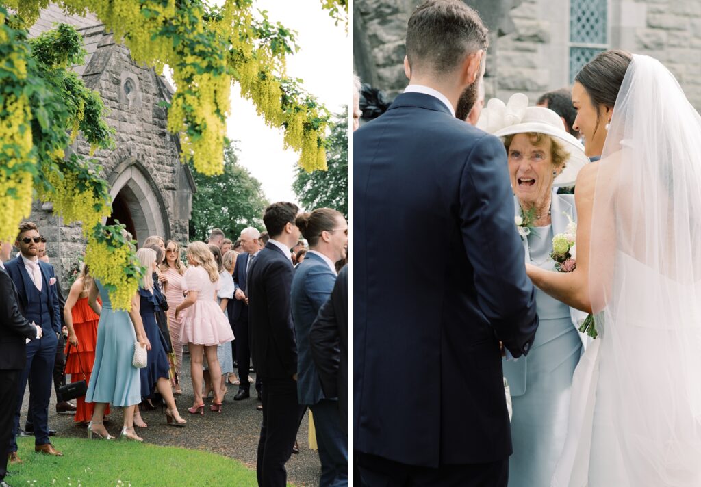 Great celebration and cheer outside the church in the bright summer air after their wedding ceremony.