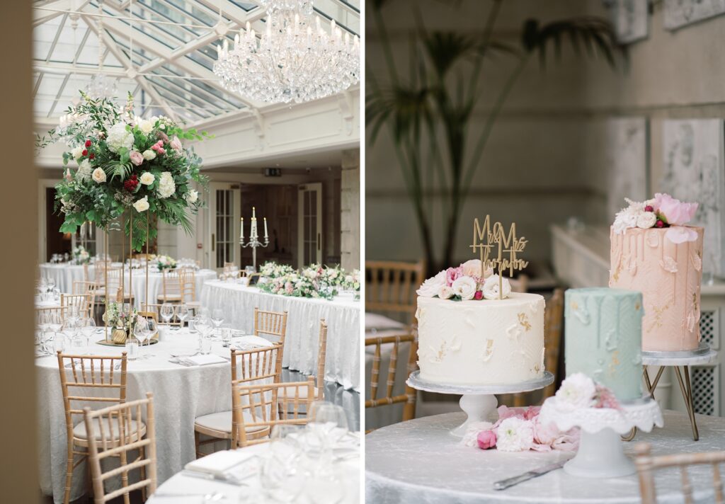 Delicious wedding cake inside the bright Orangery at Tankardstown House.