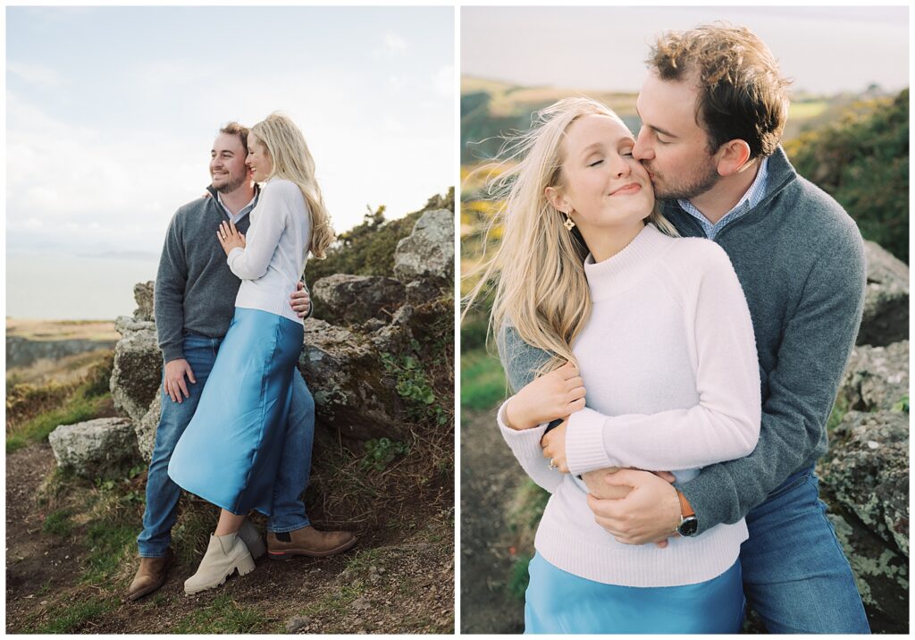 Bright and airy portraits of Emily and Jacob enjoying the sunset during their Howth engagement photoshoot.