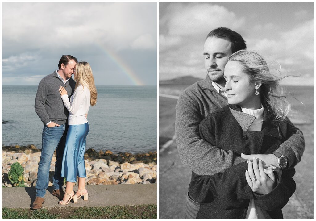 A loving portrait of newly engaged Emily and Jacob from Texas, featuring a rainbow, at Howth Harbour.