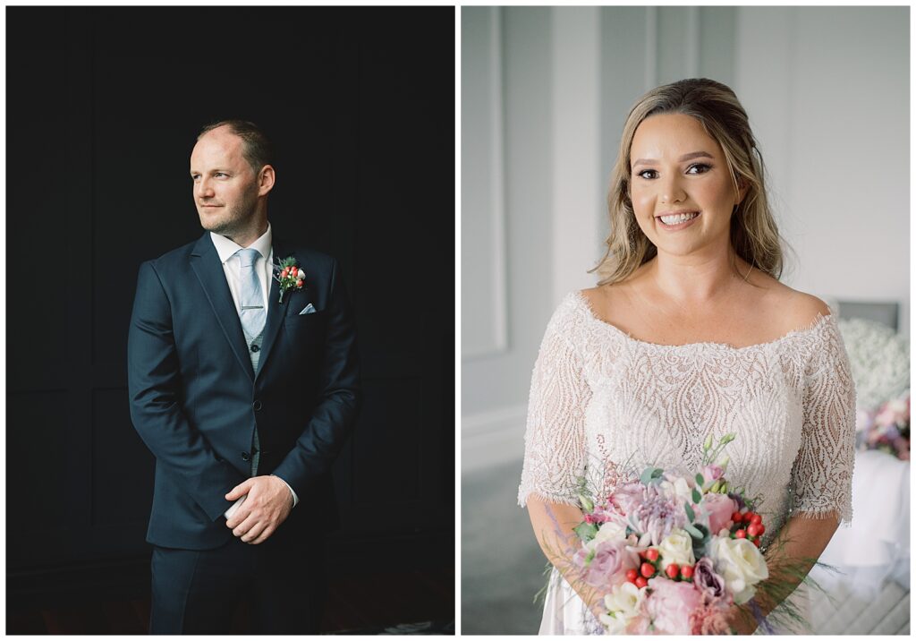 Natural light portraits of the Bride and Groom prepared for their ceremony.