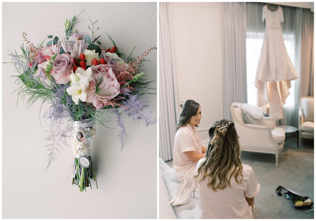 Wedding morning details of beautiful bouquet and bridesmaids admiring the dress.