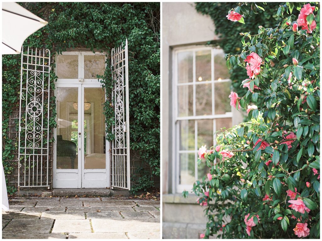 Garden patio door and floral details at Trudder Lodge, Wicklow wedding venue.