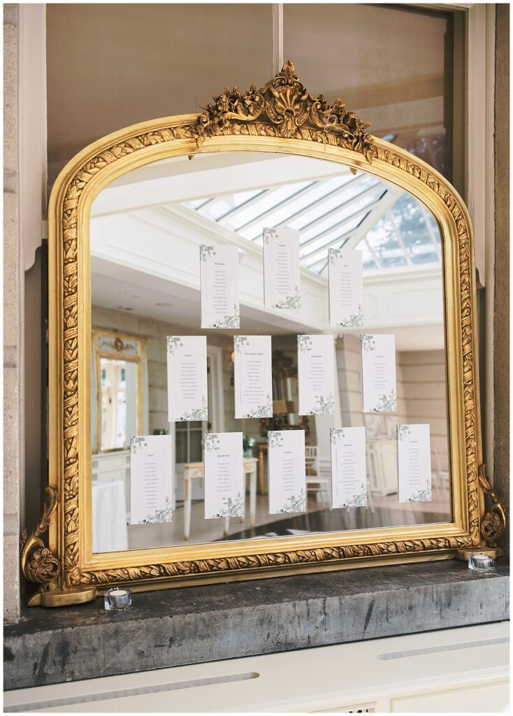 Photo of the table seating order on the giant mirror at the entrance to the Orangery.