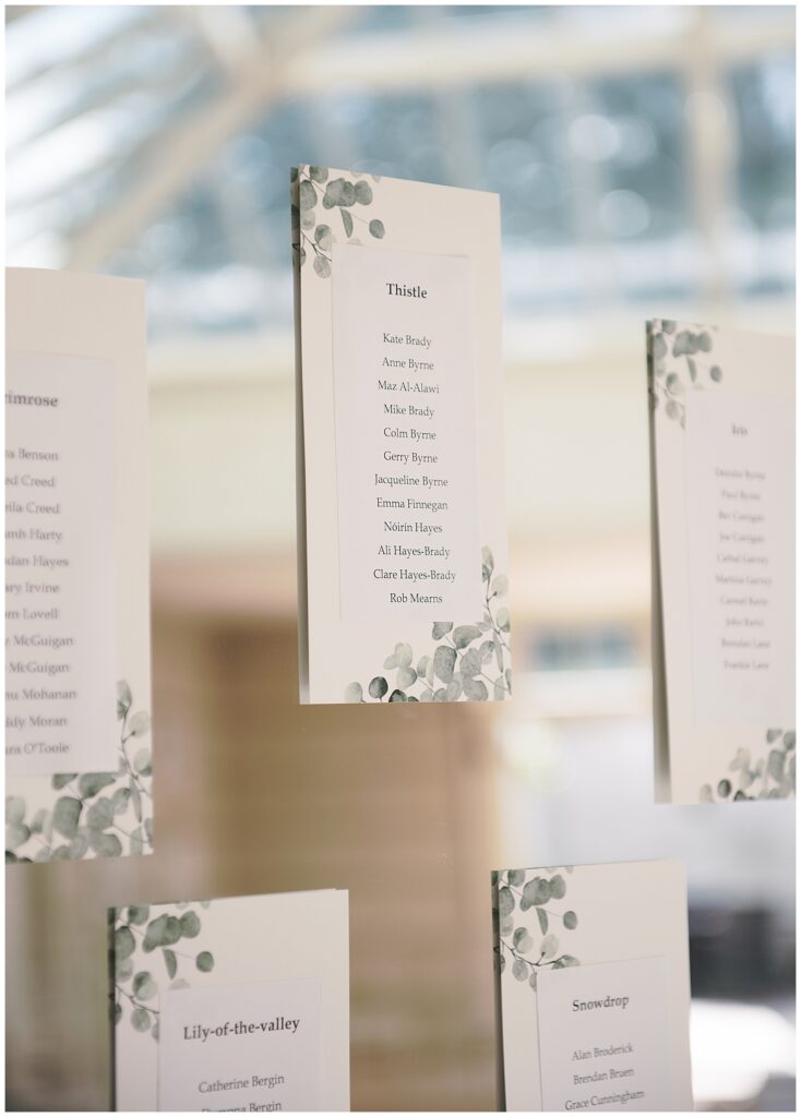 Close-up detail of the Wedding dinner seating printed on fine floral paper.